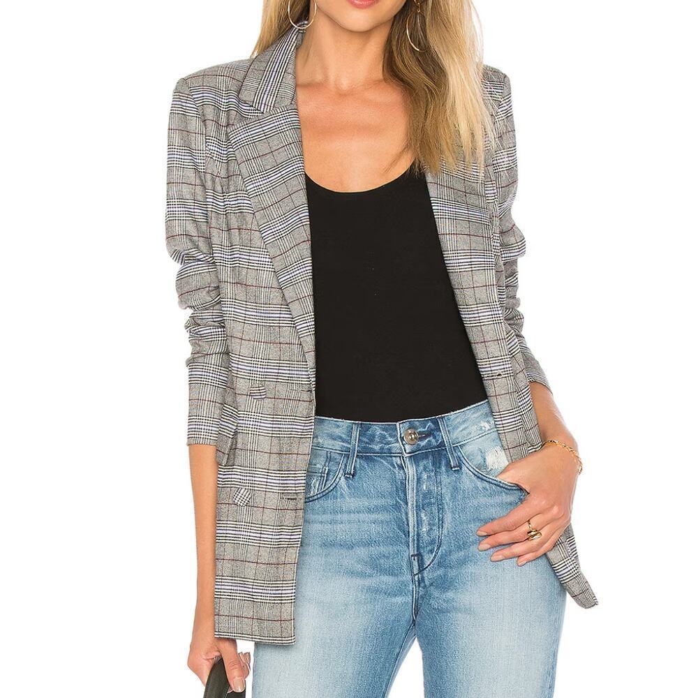 Majorelle Rhea Blazer Jacket Gray Plaid Front Button Padded Shoulders XXS